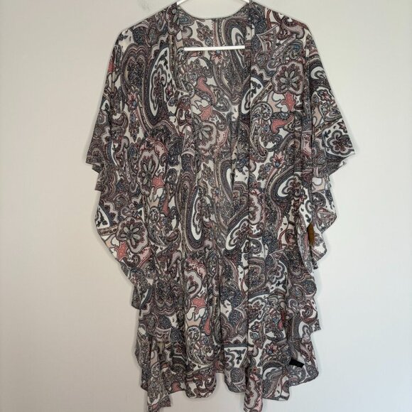 KELSEA Apparel NEW Paisley Ruffle Short Sleeve Cardigan Womens M Ivory Pink - Picture 1 of 6